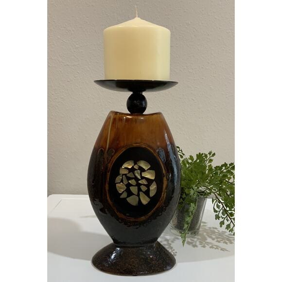 Feng Shui Pillar Candle Holder Wrought Iron Poured Glaze Abalone Shell Inlay - Picture 1 of 8